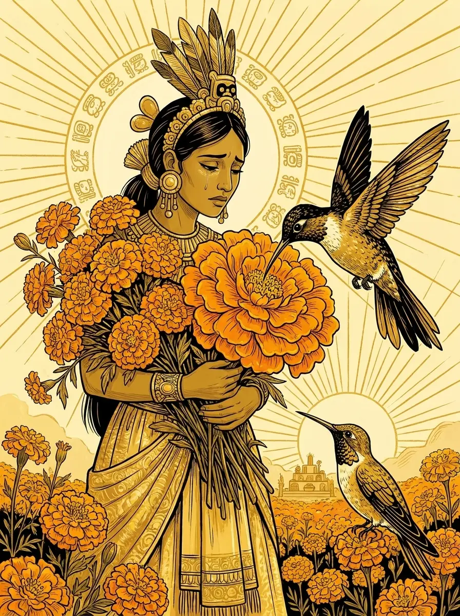 Illustration de Xóchitl, de Huitzilin et de la fleur de cempasúchil