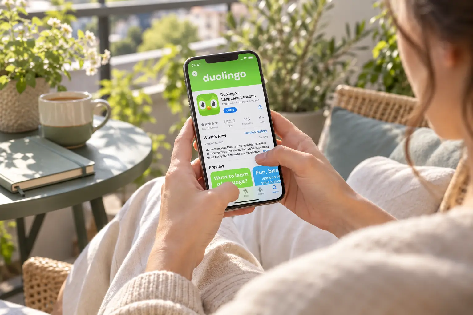 Une personne consulte la fiche App Store de Duolingo sur son téléphone pendant une pause sur un balcon