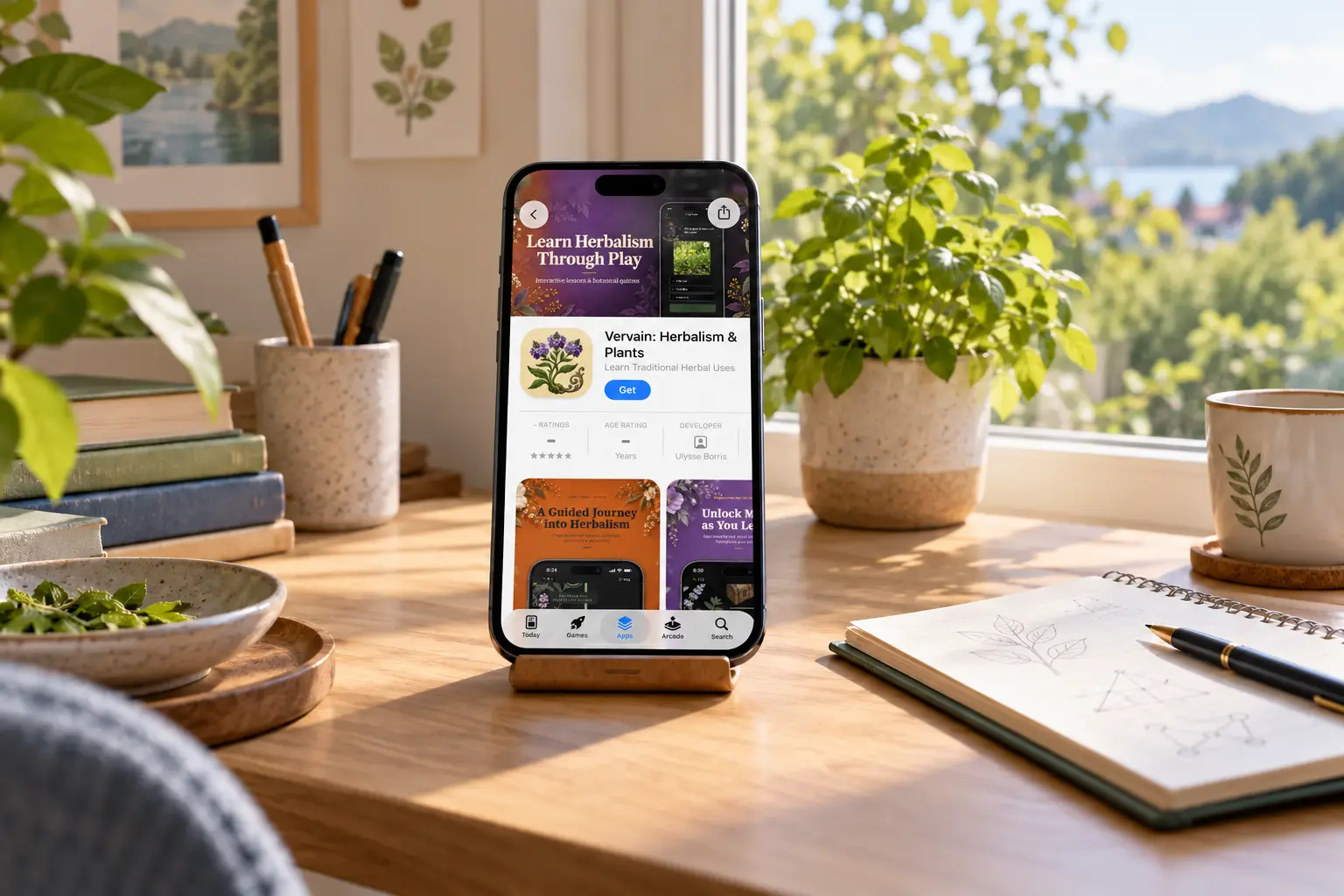 Téléphone affichant la fiche App Store de Vervain sur un bureau lumineux près d’une fenêtre