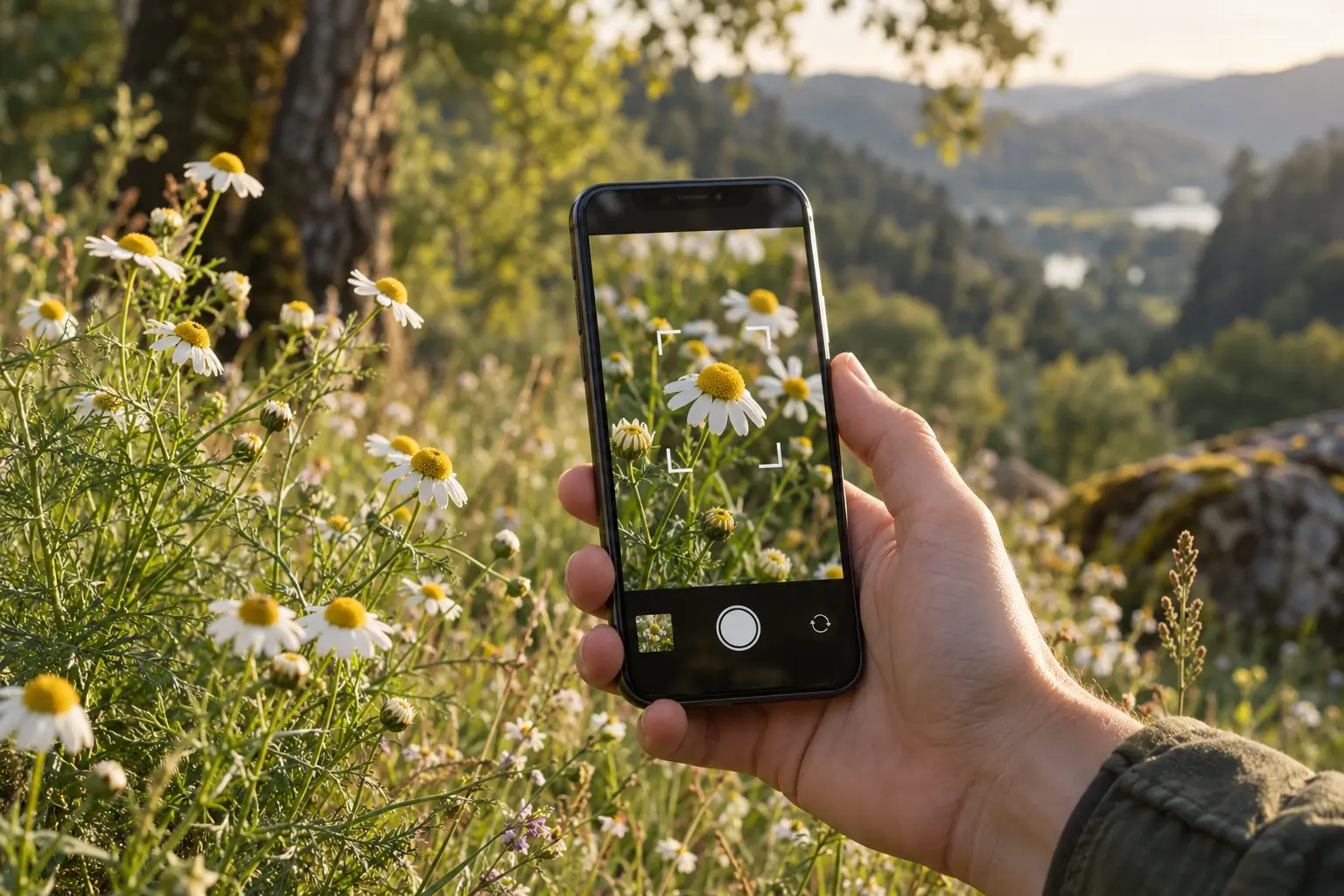 Une main photographie des fleurs avec un téléphone lors d’une promenade botanique