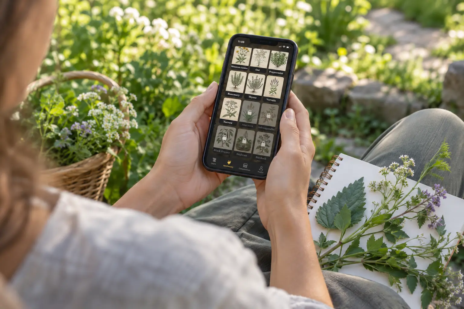 Une personne consulte l’apothicaire de Vervain sur son téléphone dans un jardin, avec un carnet botanique sur les genoux