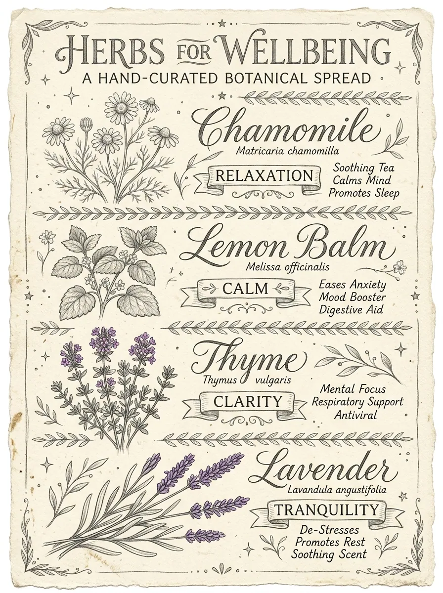 Armoire à herbes : bocaux de camomille, mélisse, thym et lavande
